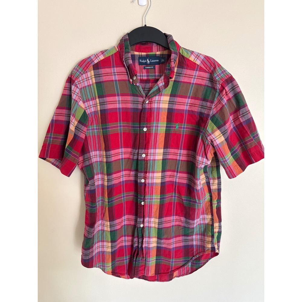 Ralph Lauren Mens Large Classic Fit Plaid Short Sleeve Button Up Shirt Red Green